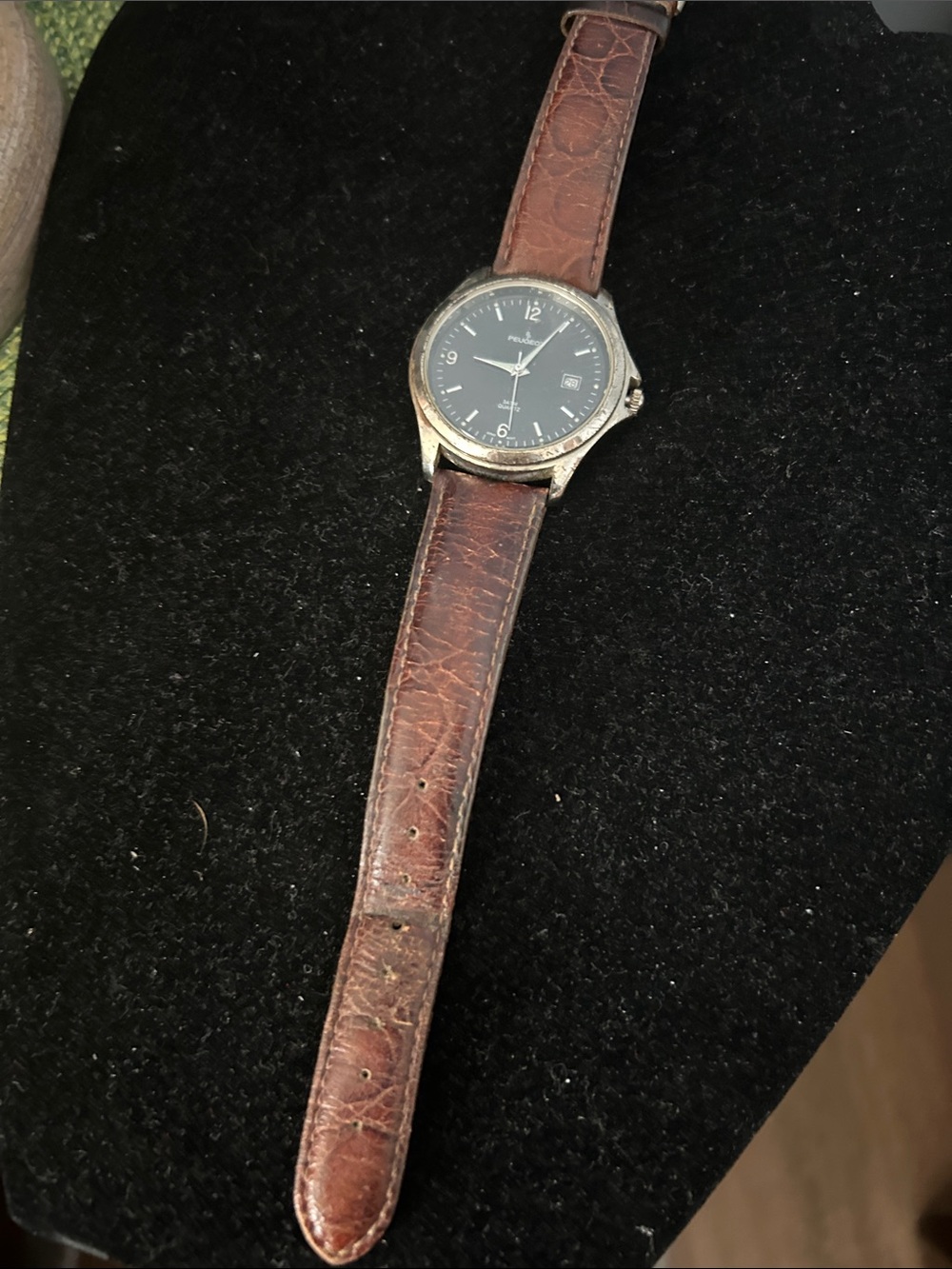 Peugeot Brown Leather Strap Watch with Black Dial
